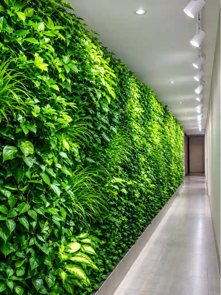 Vertical garden outdoor setinggi dinding rumah modern di sisi kolam renang, dikerjakan Godongijo Vertical Garden