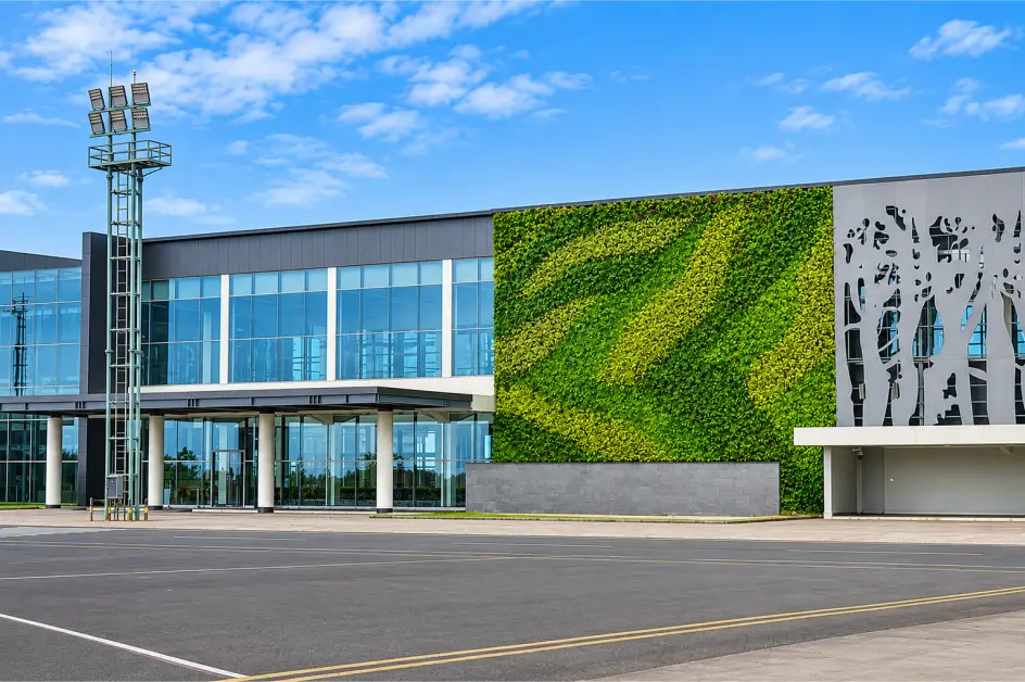 Vertical garden bermotif diagonal hijau pada dinding kompleks gedung modern dengan fasad kaca
