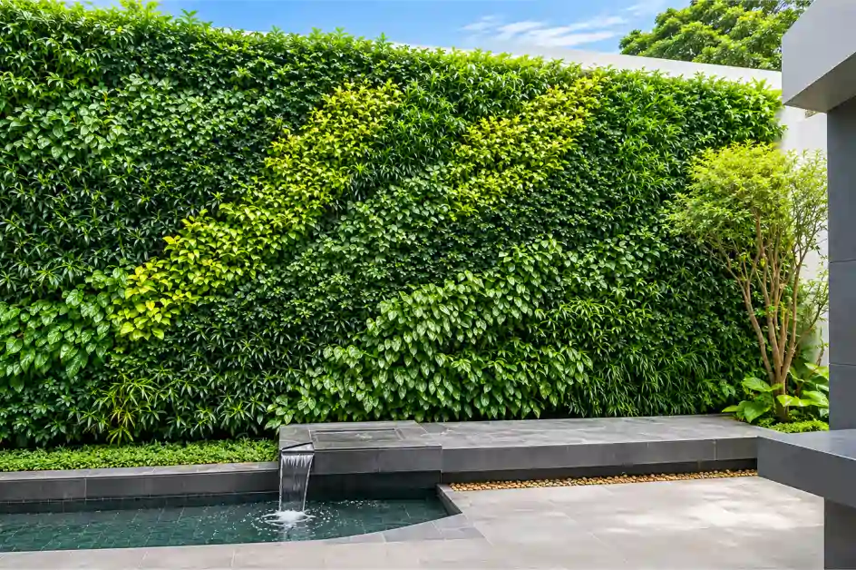 Vertical garden outdoor motif hijau muda dan tua di dinding taman dengan pancuran air kecil di bawahnya