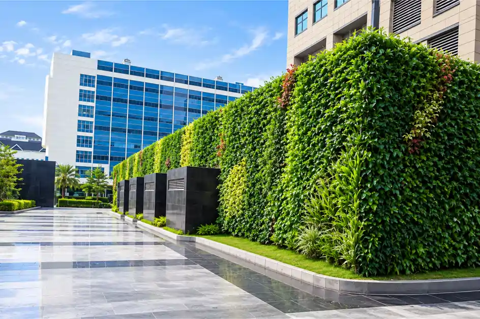 Vertical garden outdoor memanjang di plaza gedung perkantoran dengan lantai granit dan gedung kaca di latar belakang