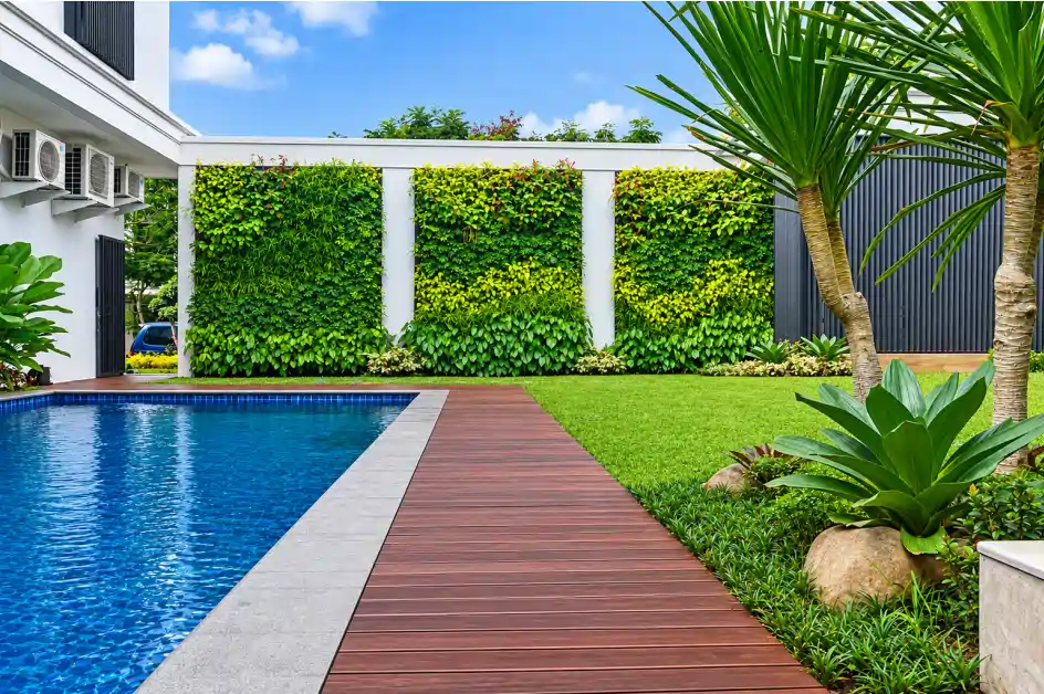 Tiga panel vertical garden outdoor di tepi kolam renang dengan taman tropis dan jalur kayu