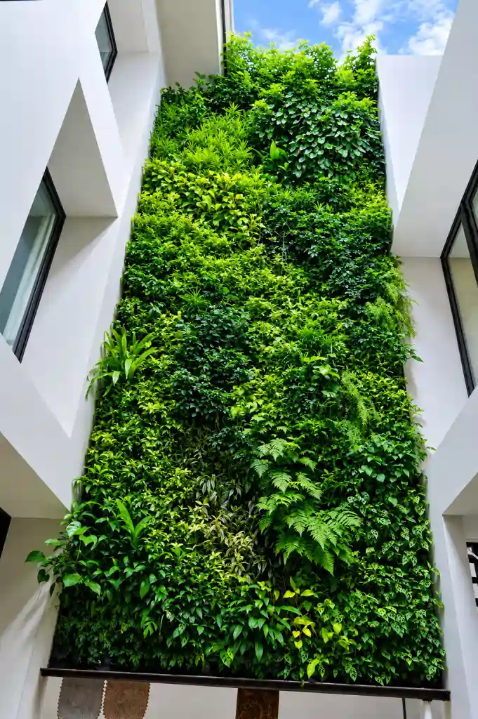 Vertical garden pada fasad gedung The Wine Place yang menyala di malam hari, dikerjakan Vertical Garden ID Godongijo