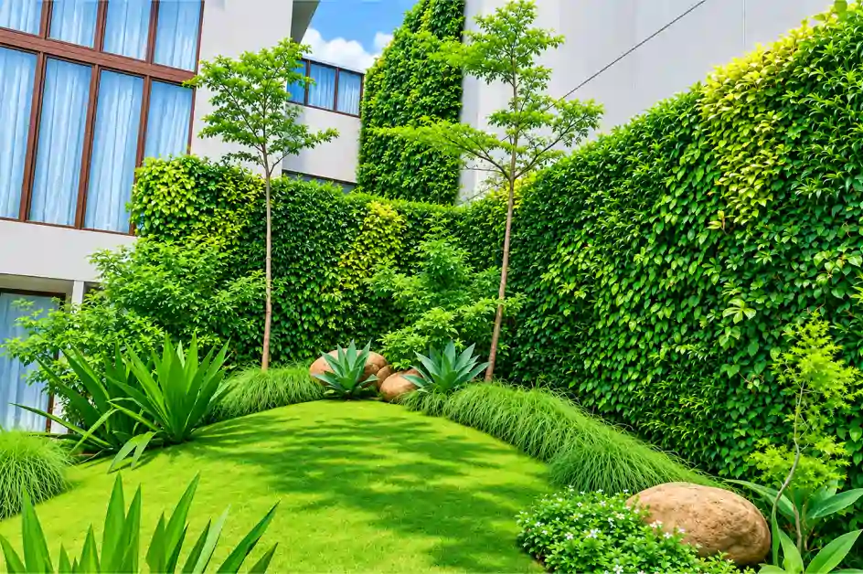Taman halaman dalam dengan dinding vertical garden, rumput hijau, batu alam, dan pohon ramping di antara bangunan modern